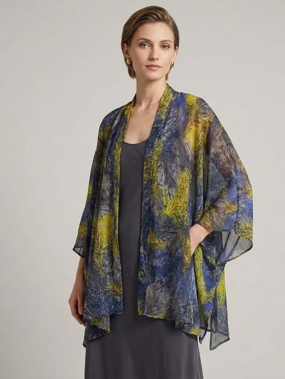Xhilaration Sheer Open Kimono in Blue and Yellow - Picture 2 of 6